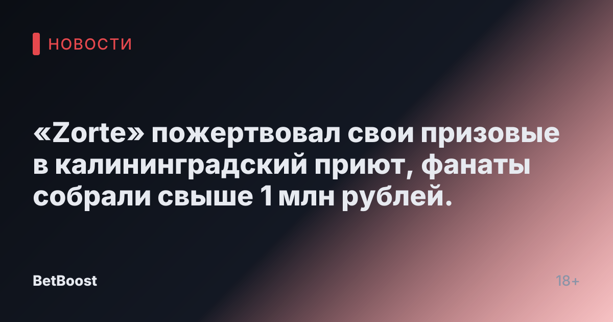 «Zorte» пожертвовал свои призовые в калининградский приют, фанаты собрали свыше 1 млн рублей.