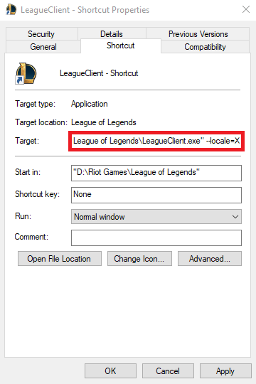 Снимок экрана: окно свойств ярлыка LeagueClient.