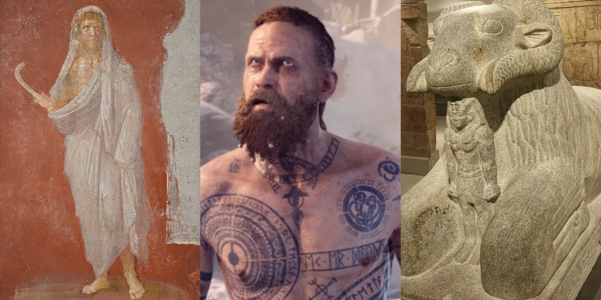 Коллаж классических изображений Сатурна и Амона с изображением Бальдра из God of War 2.