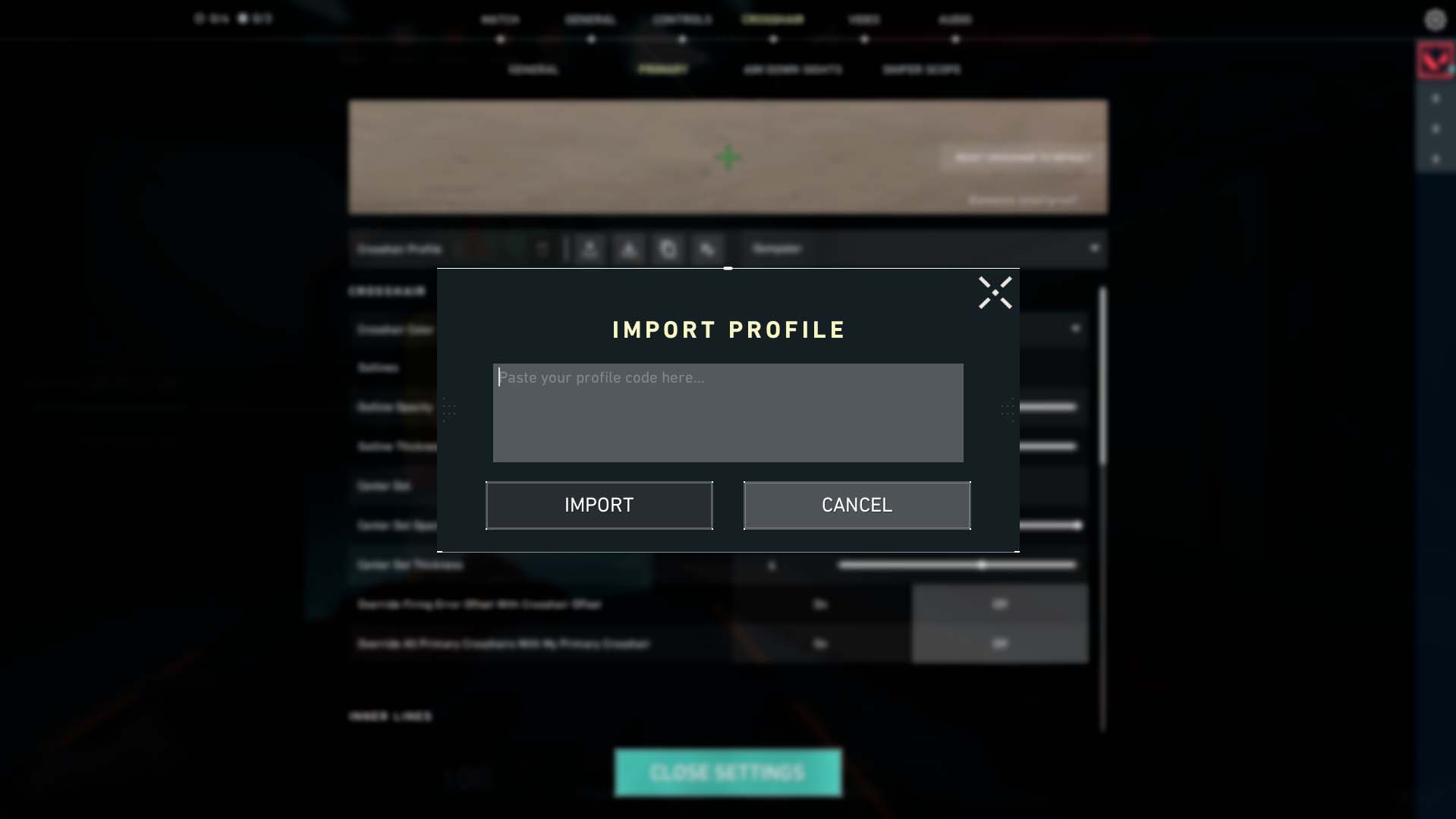 Скриншот текстового поля «Импорт» в Valorant.