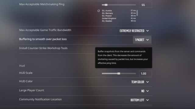 Буферизация для сглаживания потери пакетов в настройках игры CS2.