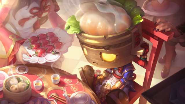 Изображение, демонстрирующее скин Амуму Dumpling Darlings в League of Legends.