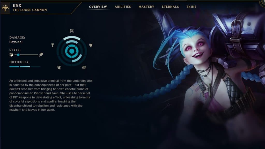 Страница чемпиона для Jinx в League of Legends